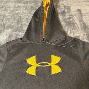 Under Armour Men's Gray Yellow Logo Hoodie Sweatshirt Loose Fit Size 2XL